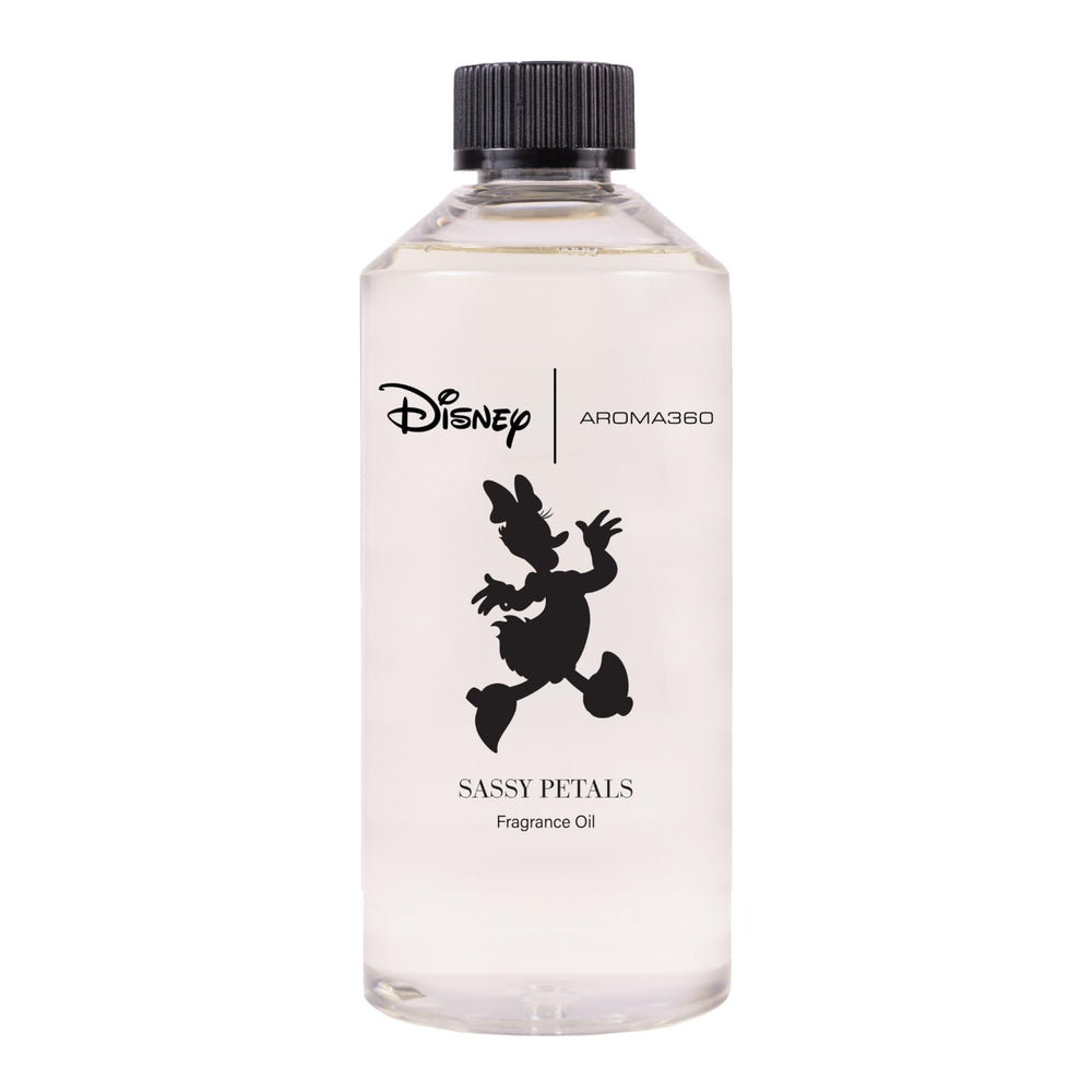 Aroma360 Daisy Duck Sassy Petals bottle closeup adds bold floral mood to any room.