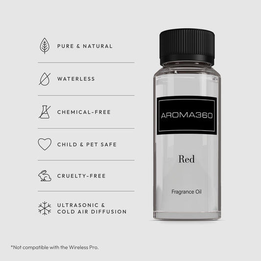 Aroma360 Red Diffuser Oil Label shows ruby grapefruit and amber notes for elegance.