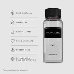Aroma360 Red Diffuser Oil Label shows ruby grapefruit and amber notes for elegance.