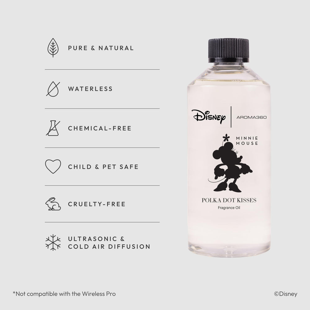 Aroma360 Disney Polka Dot Kisses bottle highlights rose-oud top notes for refined ambiance.