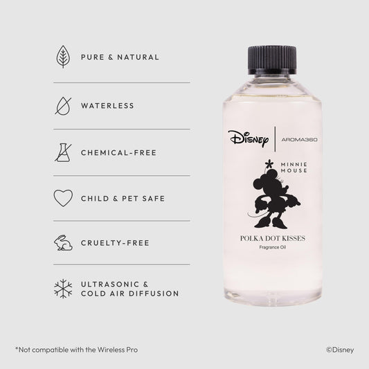 Aroma360 Disney Polka Dot Kisses bottle highlights rose-oud top notes for refined ambiance.