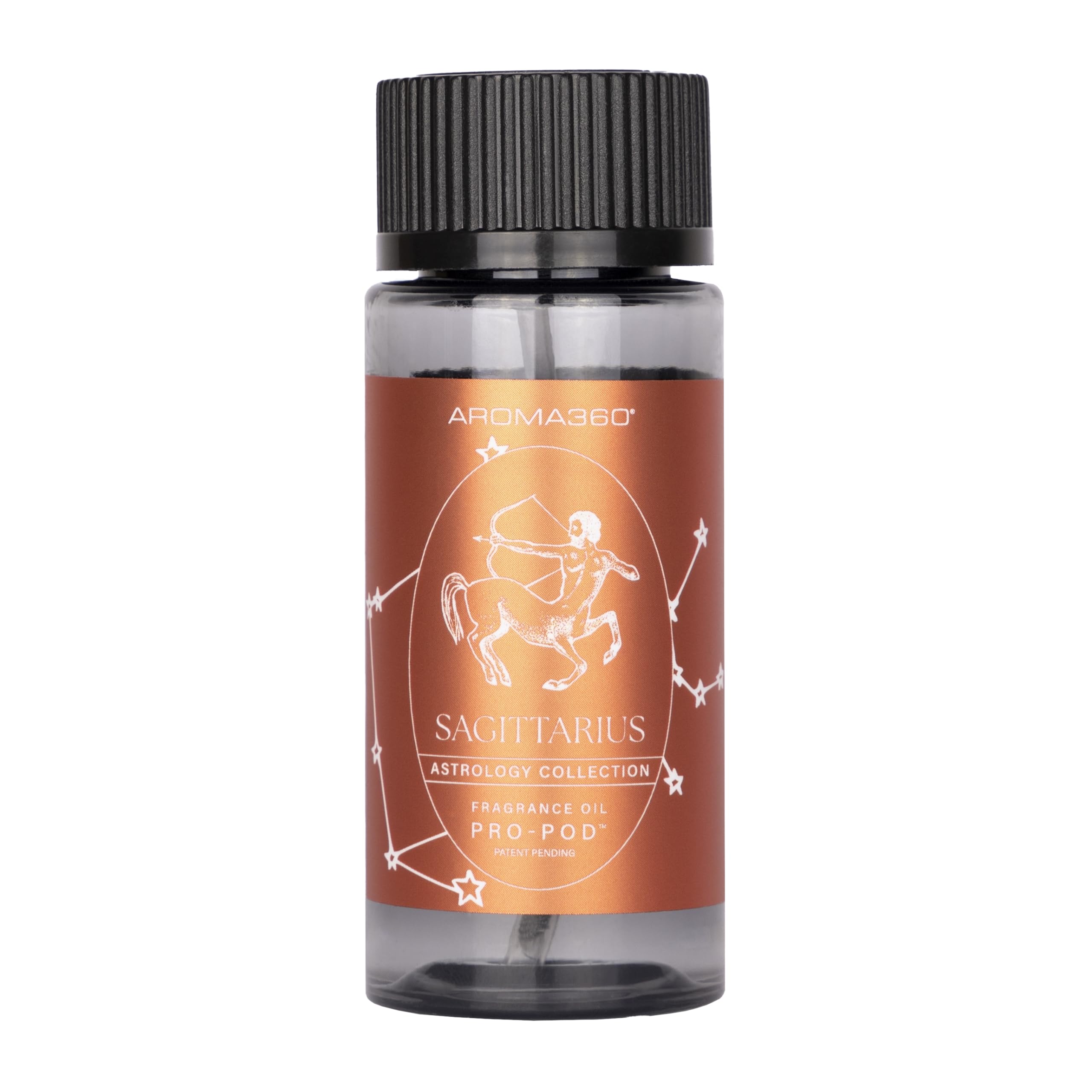 Aroma360 Sagittarius Pro-Pod bottle close-up for long-lasting hotel-inspired fragrance.