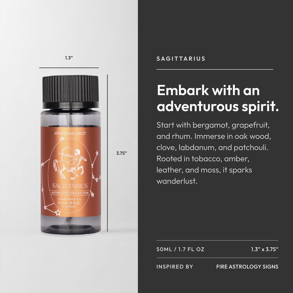 Aroma360 Sagittarius Pro-Pod packaging emphasizes vegan, cruelty-free, paraben-free formula.