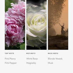 Aroma360 Timeless label detail showing notes of pink peony and white rose