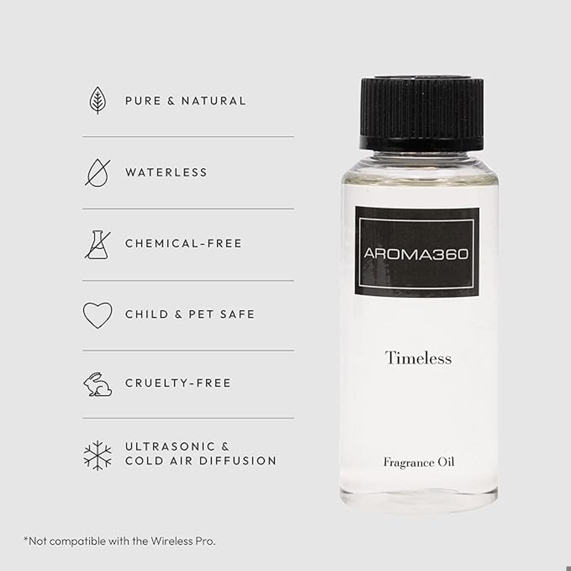 Aroma360 Timeless diffuser oil pour showcasing long-lasting aroma