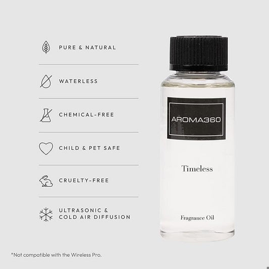 Aroma360 Timeless diffuser oil pour showcasing long-lasting aroma