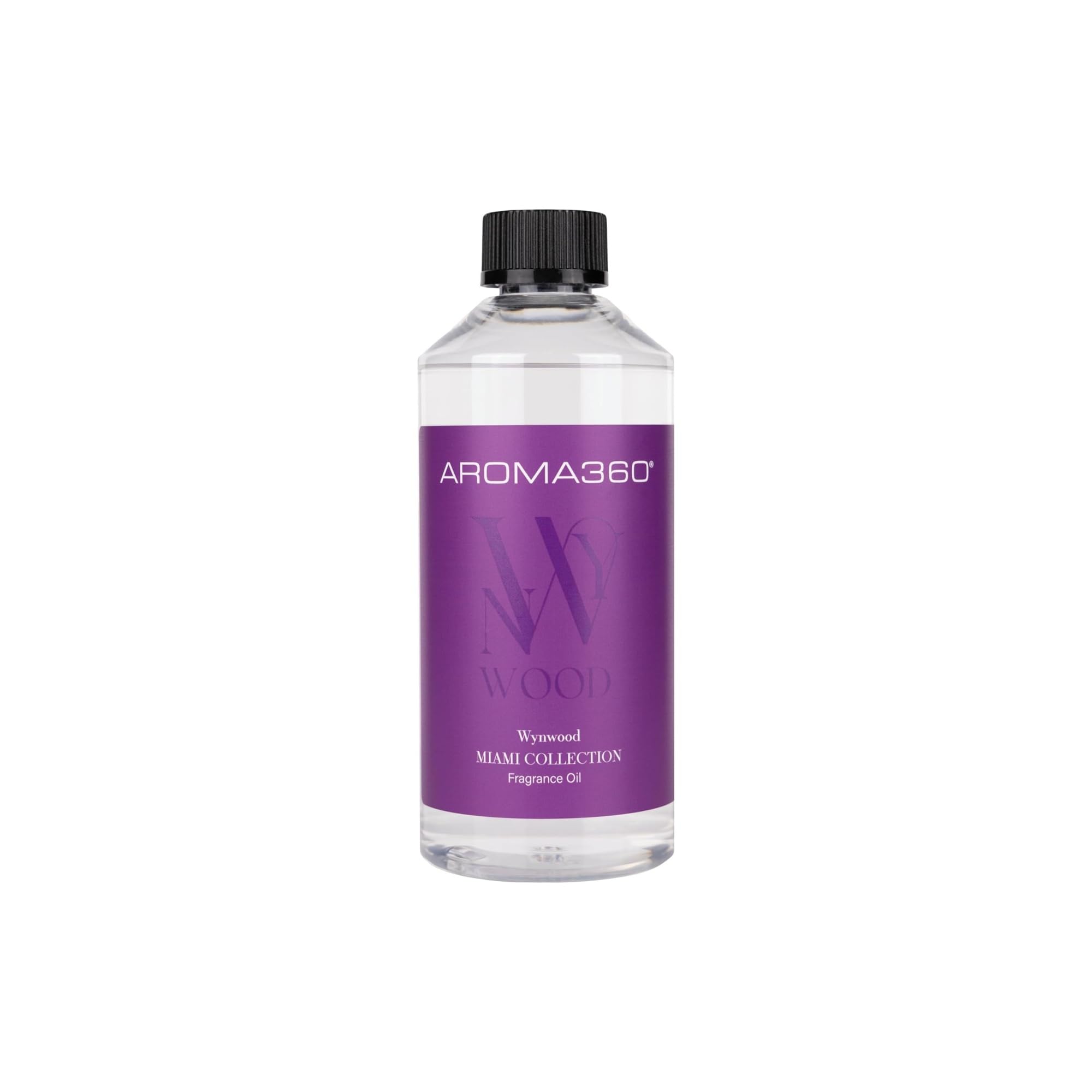 Aroma360 Wynwood fragrance oil bottle shows pink grapefruit, armoise, white patchouli for a luxurious home scent