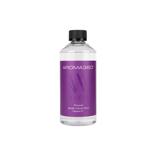 Aroma360 Wynwood fragrance oil bottle shows pink grapefruit, armoise, white patchouli for a luxurious home scent