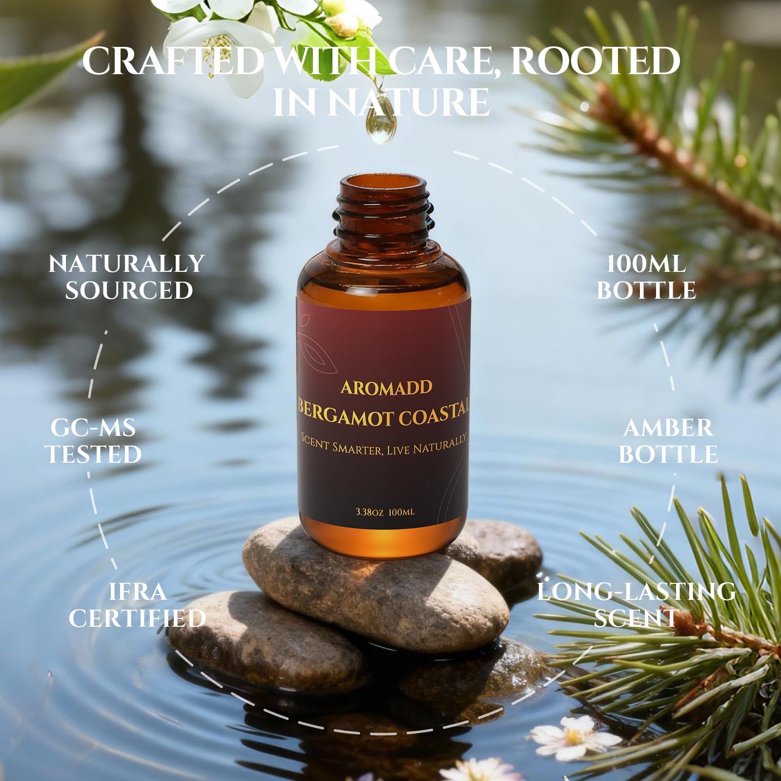 Close-up of Aromadd Bergamot Coastal glass bottle emphasizing fresh citrus and herb notes.
