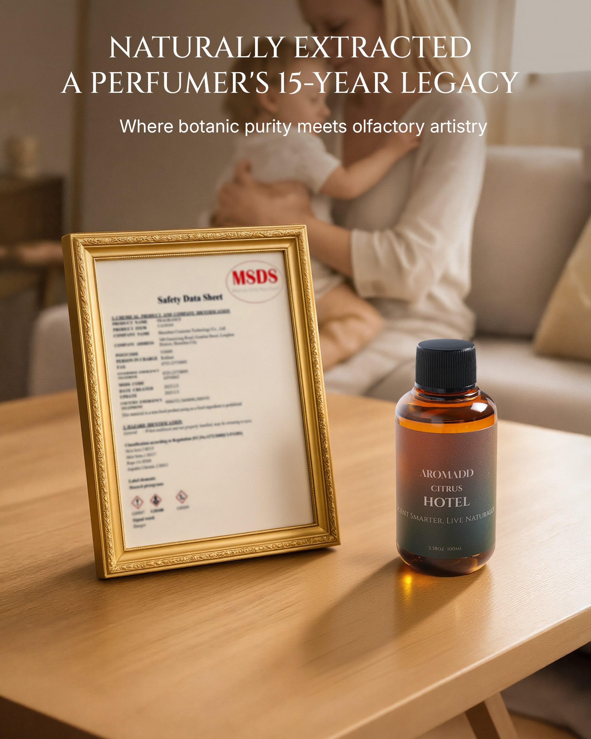 Aromadd Citrus diffuser oil bottle beside diffuser vent for even scent diffusion.