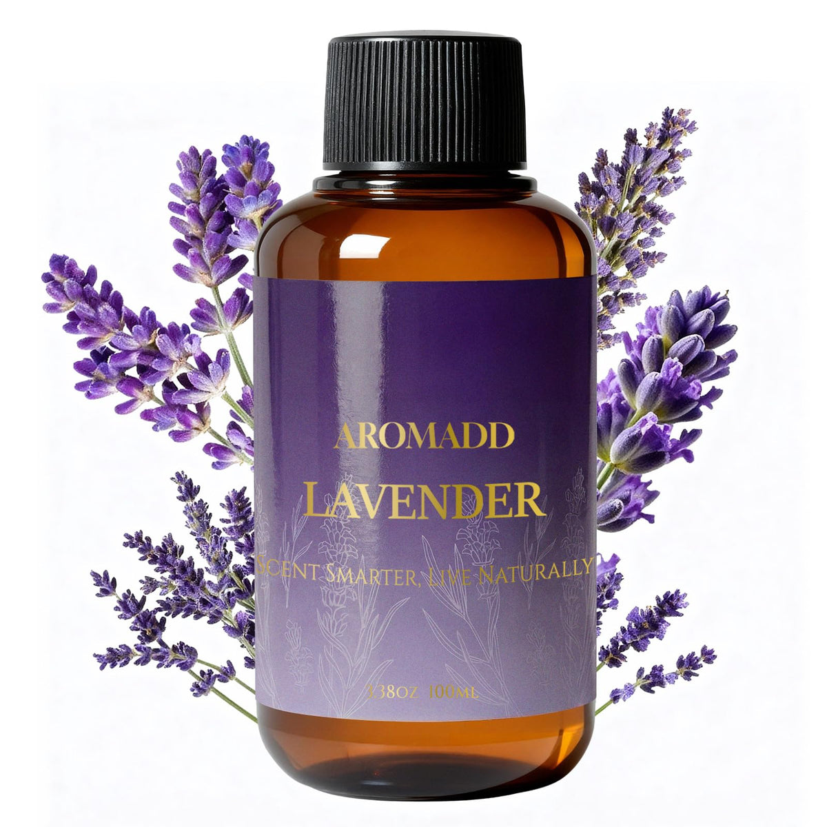 Aromadd Lavender diffuser oil bottle in a calm, hotel-inspired setting.