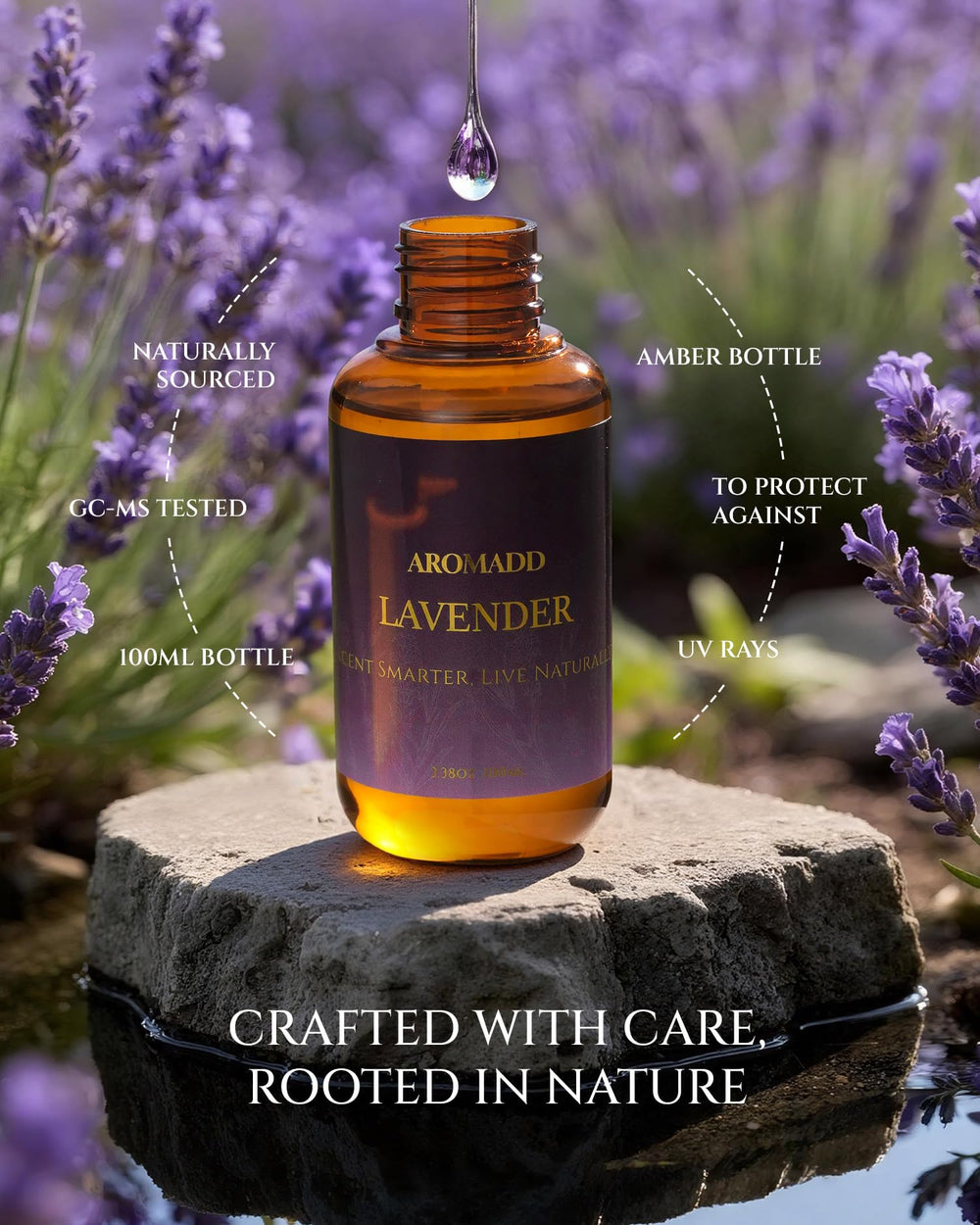 Aromadd Lavender diffuser oil bottle close-up showing elegant labeling.