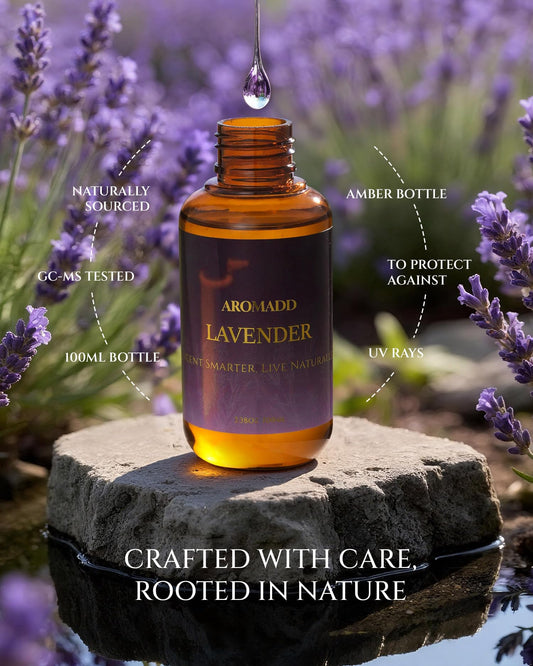 Aromadd Lavender diffuser oil bottle close-up showing elegant labeling.