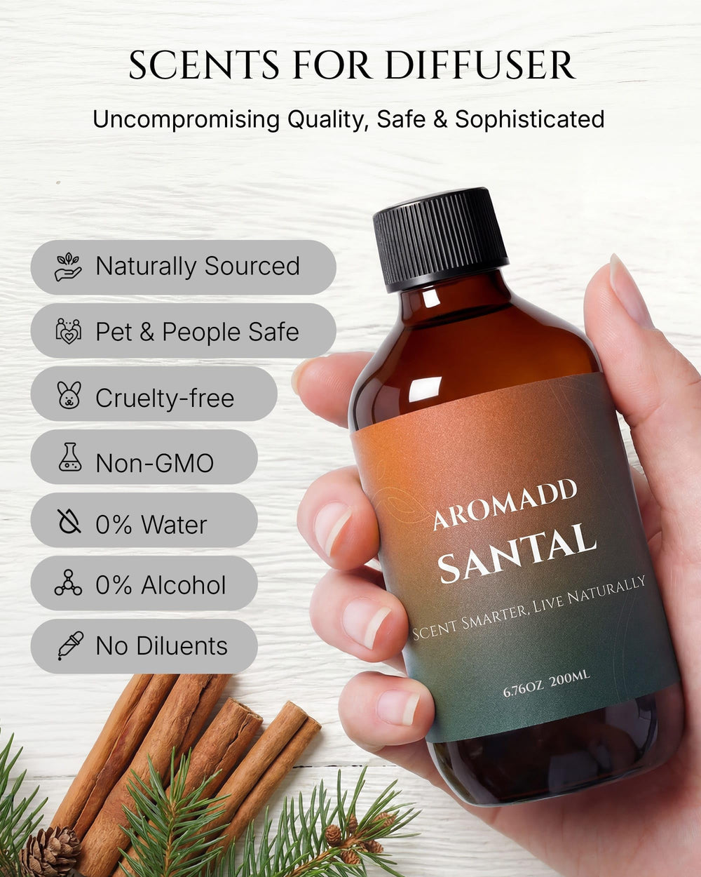 Aromadd Santal diffuser oil in a room ambience setup for modern spaces.