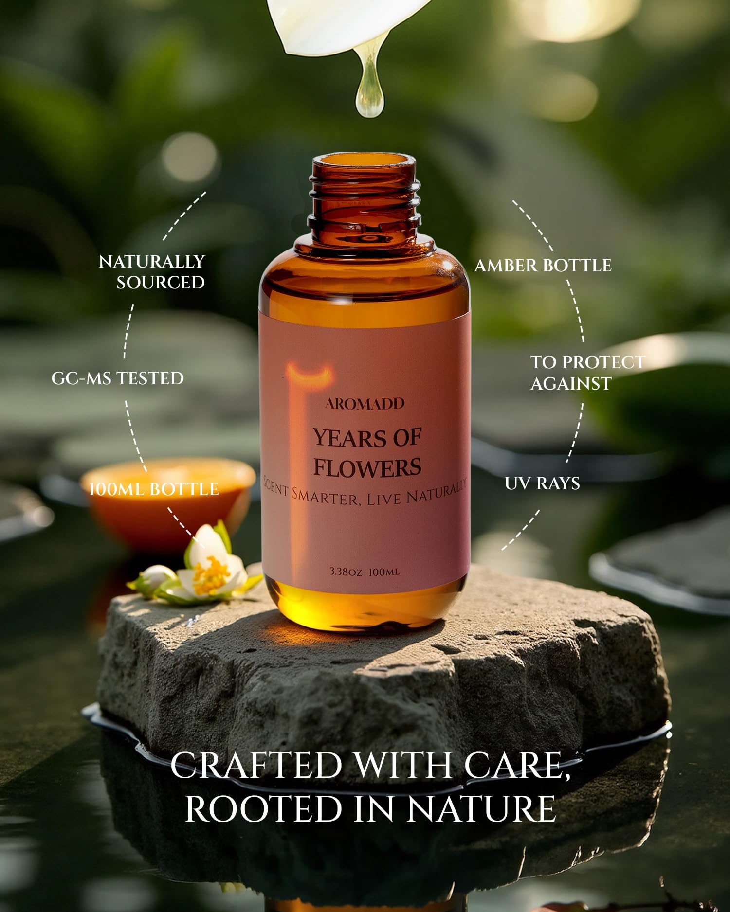 Aromadd Years of Flowers bottle label detail showing premium hotel-inspired design.