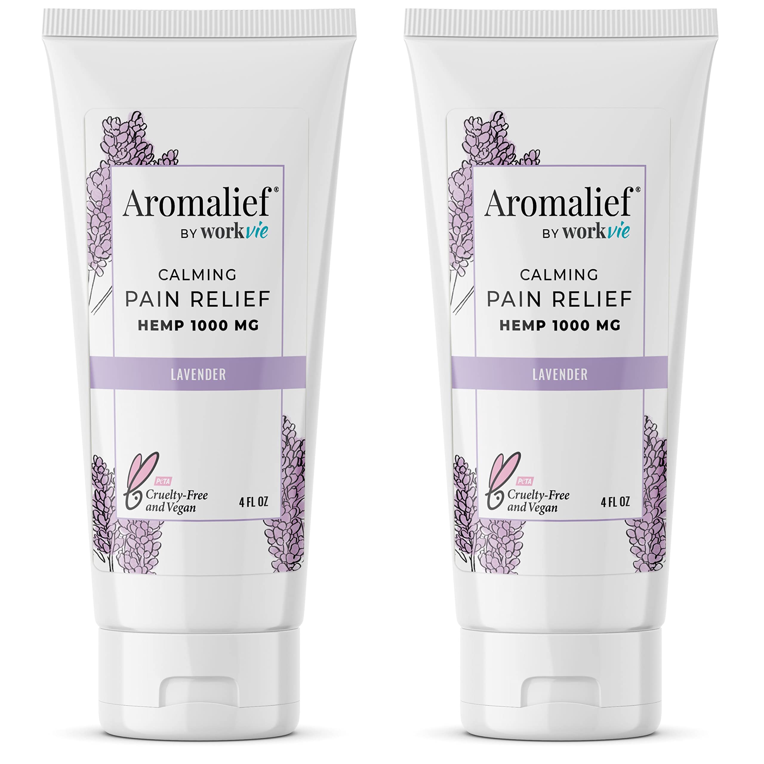 Aromalief Lavender Relief Therapy Cream packaging highlights vegan, cruelty-free formula.