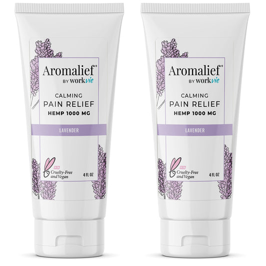 Aromalief Lavender Relief Therapy Cream packaging highlights vegan, cruelty-free formula.