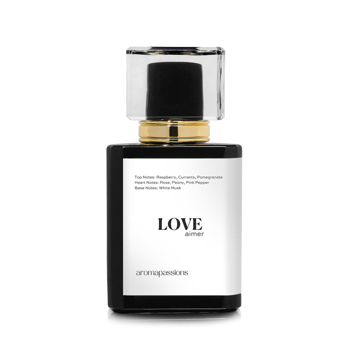 aromapassions LOVE bottle resting on rose petals, evoking elegant everyday fragrance possibilities.