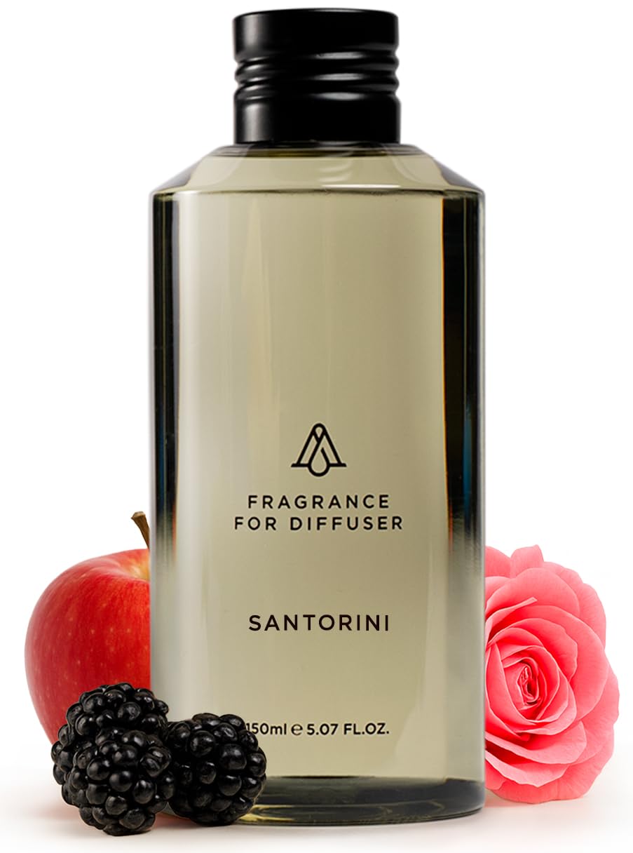 AROMAPLAN Santorini bottle pour highlights premium scent for home diffusion.