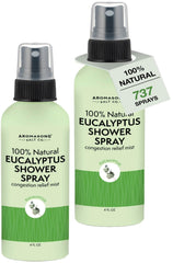 Aromasong Eucalyptus Shower Spray bottle on a bathroom counter, pure essential oil mist for refreshing steam.