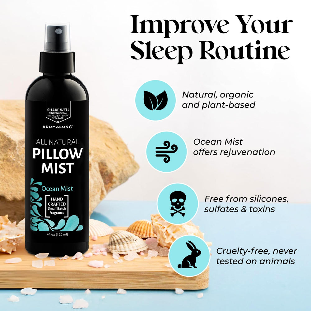 Aromasong eucalyptus wild mint pillow spray on linens for calm nights.
