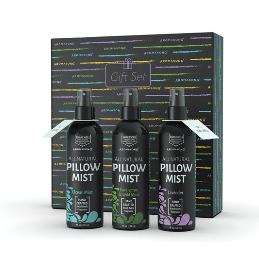 Aromasong lavender pillow spray on a pillow for calm evenings.