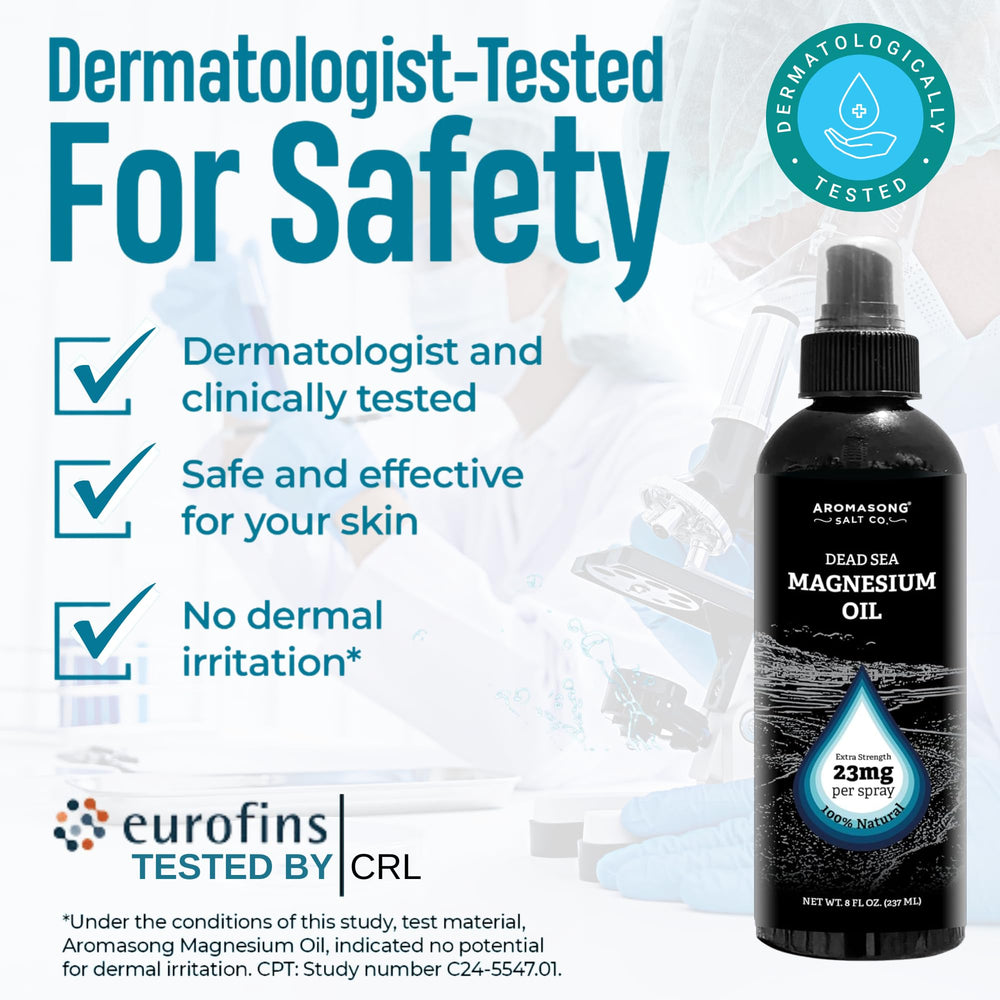 Aromasong magnesium spray label close-up highlighting ingredients and safety