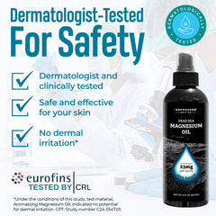 Aromasong magnesium spray label close-up highlighting ingredients and safety