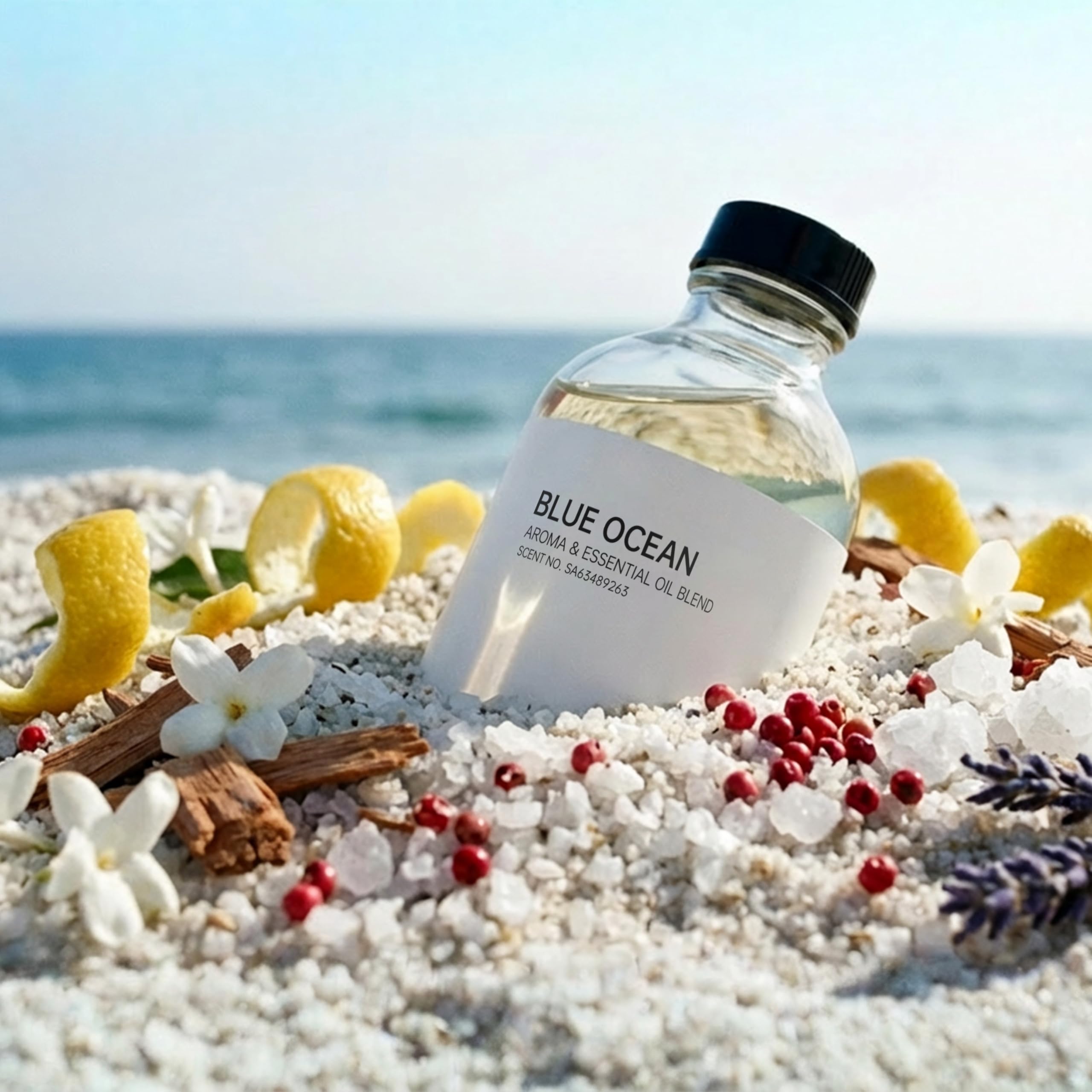 AROMASOUL Blue Ocean diffuser label closeup highlights premium oils.