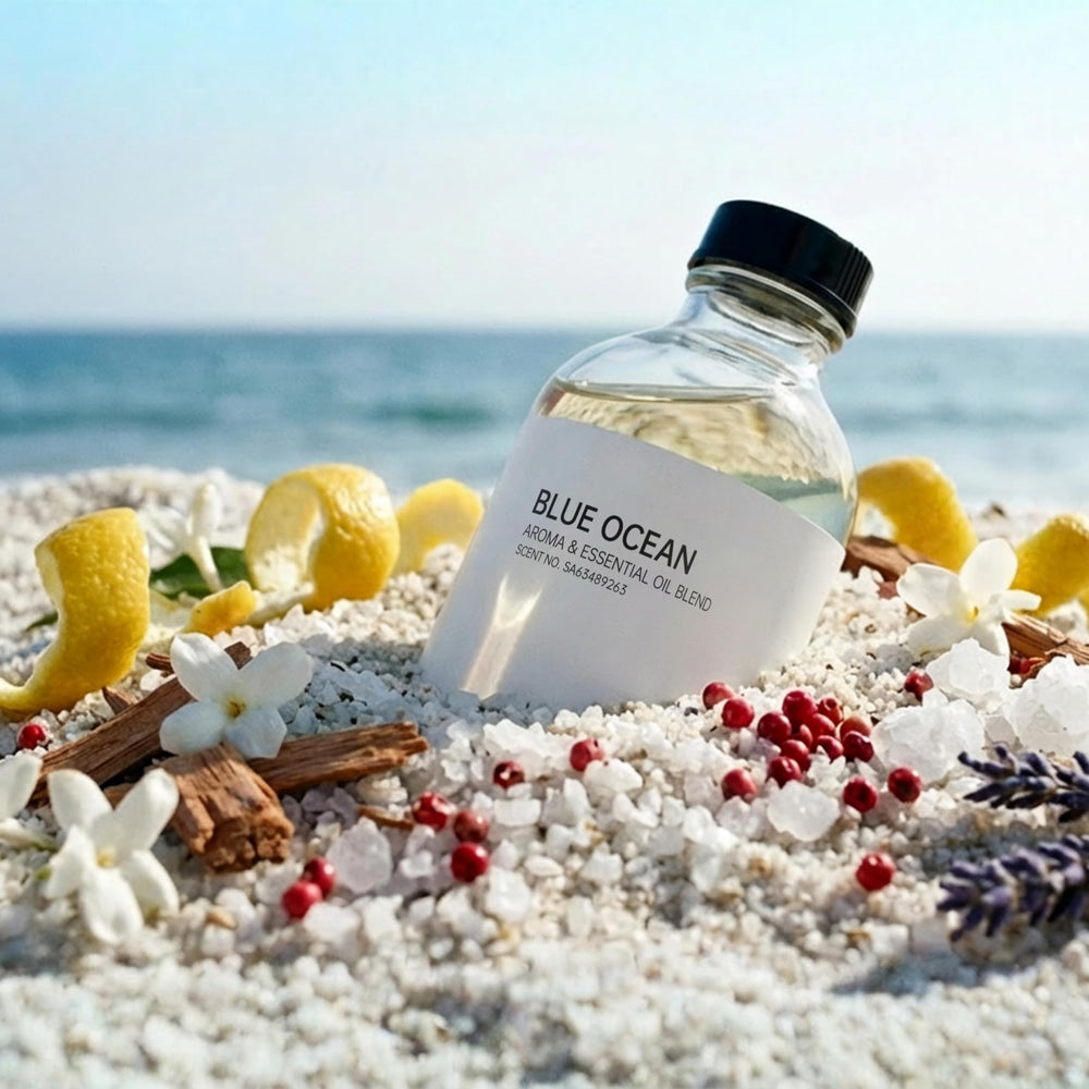 AROMASOUL Blue Ocean diffuser label closeup highlights premium oils.