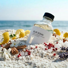 AROMASOUL Blue Ocean diffuser label closeup highlights premium oils.