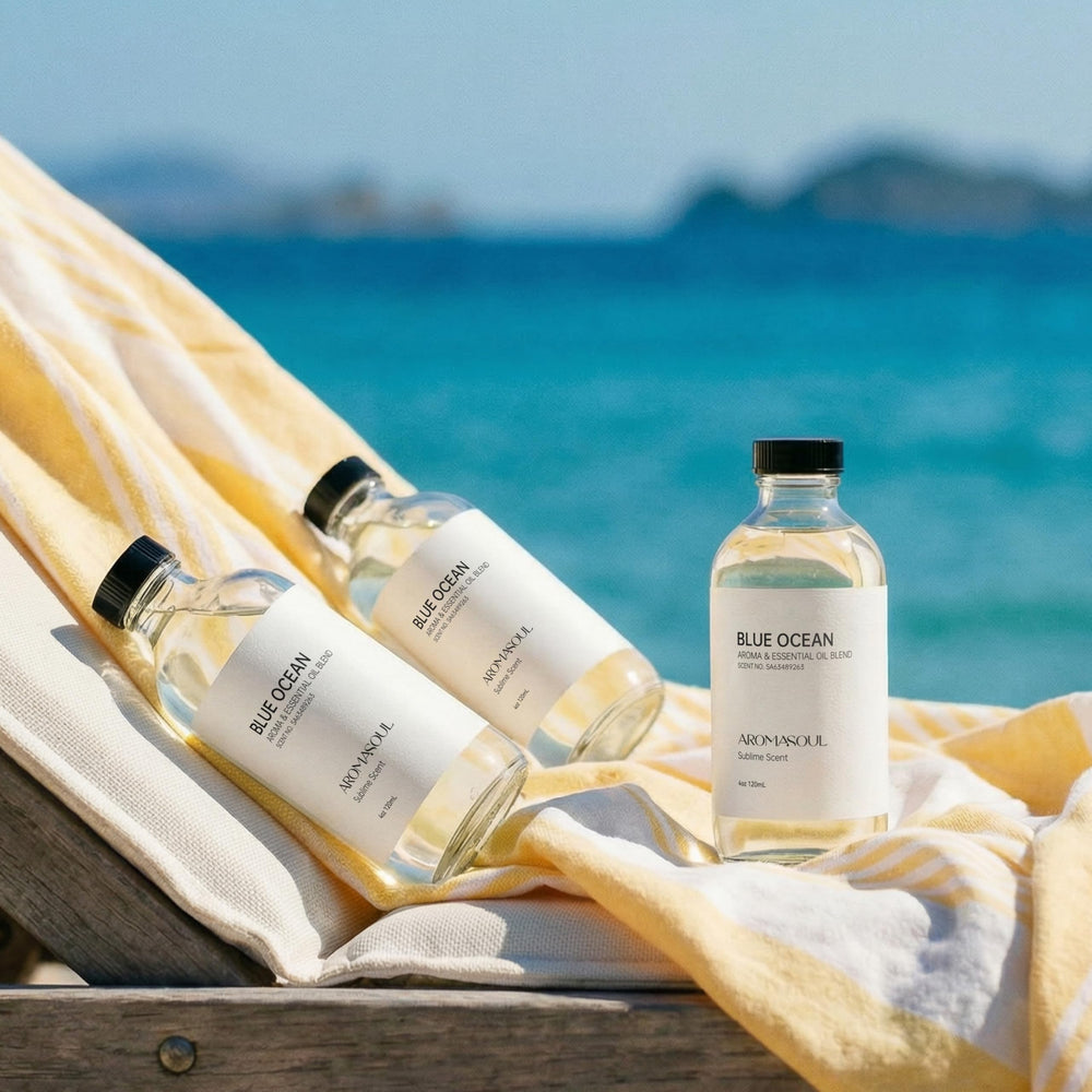 AROMASOUL Blue Ocean diffuser packaging emphasizes safe formula.