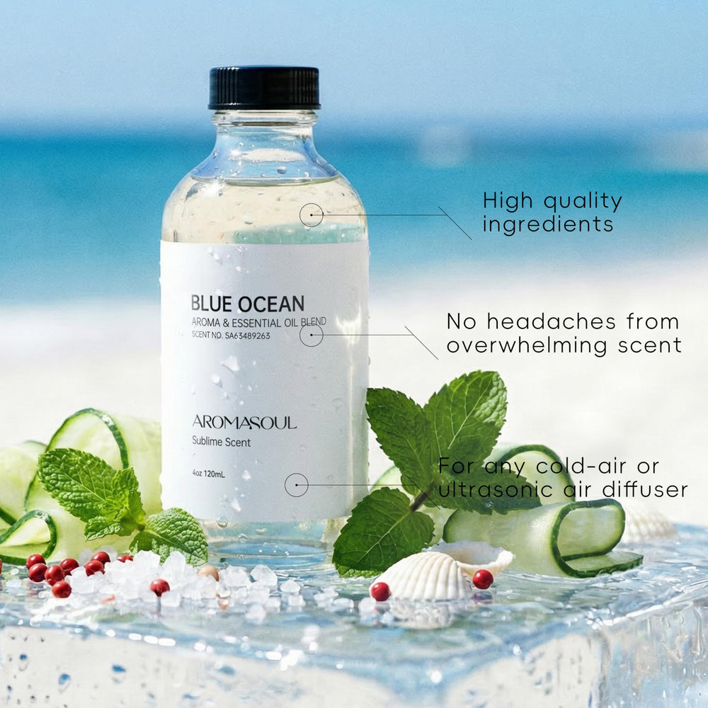 AROMASOUL Blue Ocean diffuser table-top scene suggests mood uplift.