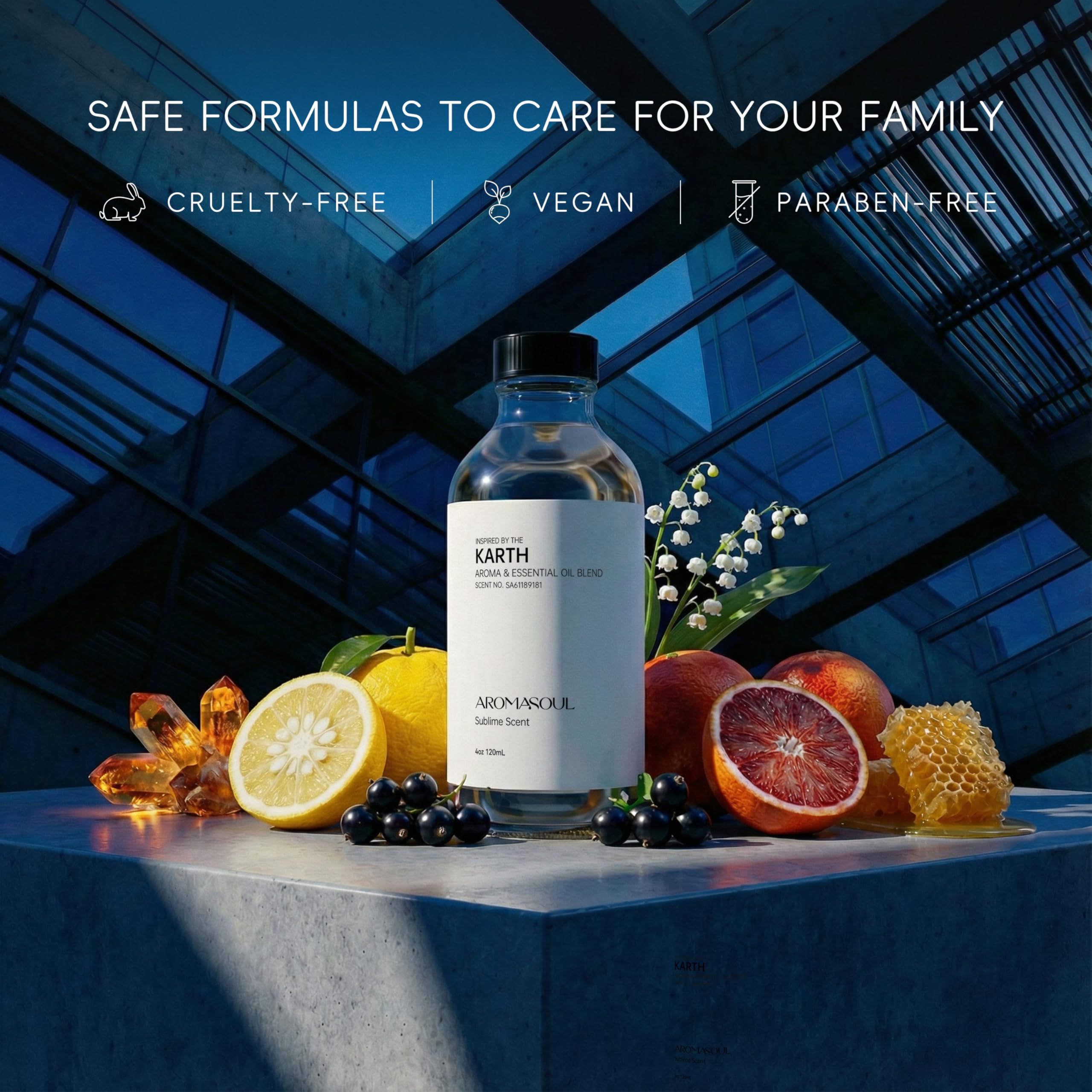 AROMASOUL Karth diffuser oil closeup showcases premium blend ideal for hotel ambience.
