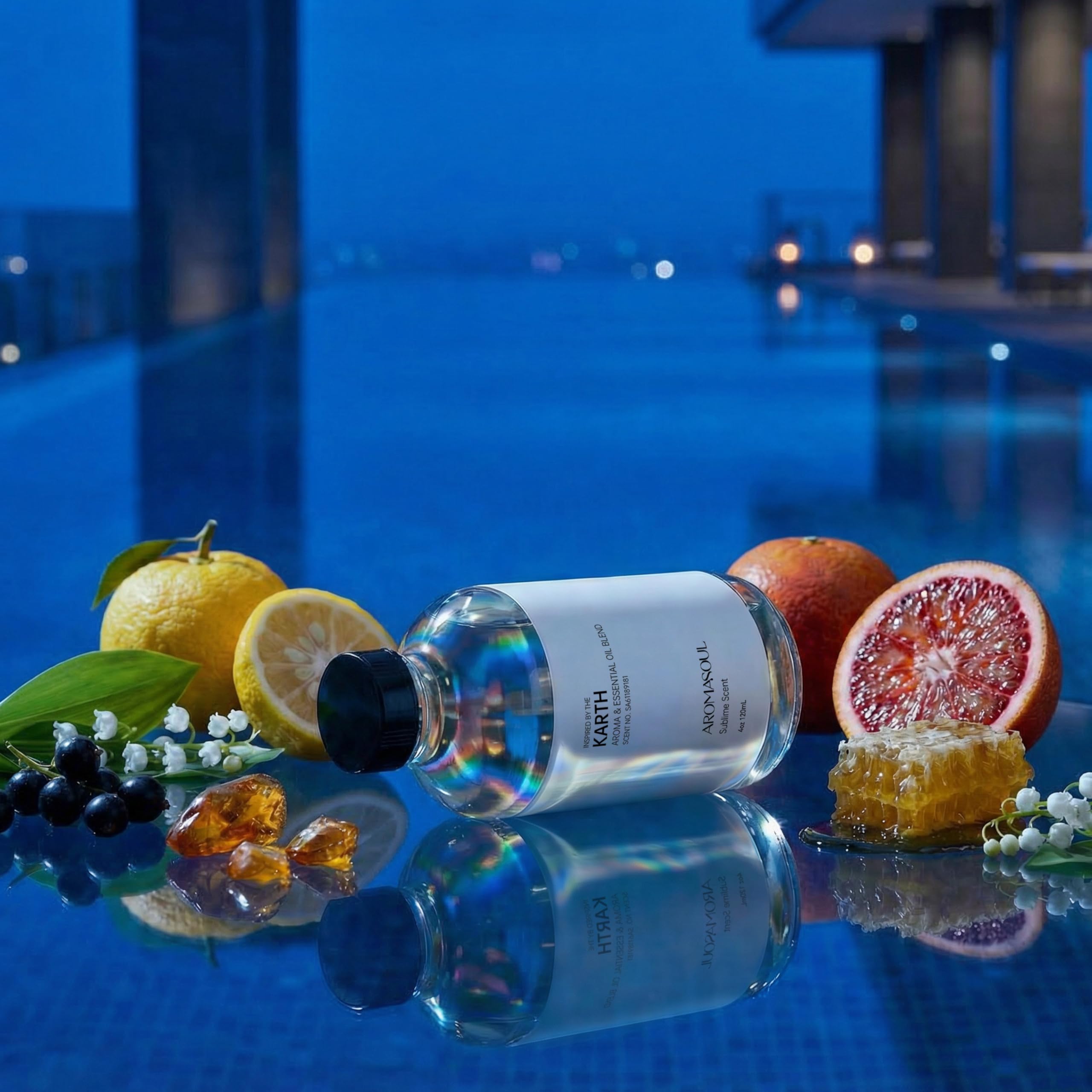 AROMASOUL Karth still image with diffuser suggests tranquil home spa vibe.