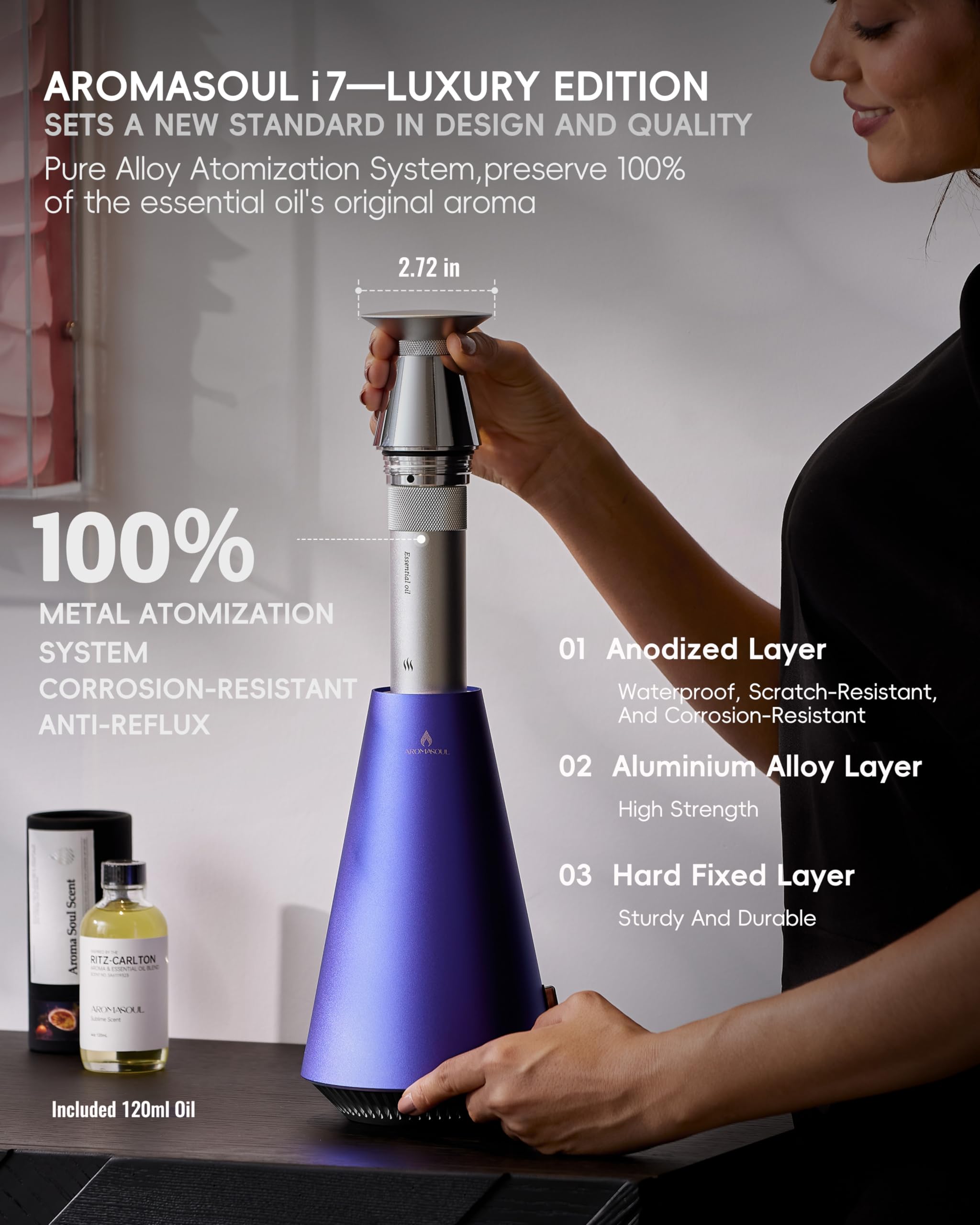 AROMASOUL rechargeable diffuser with 10000mAh battery for days of cordless use.