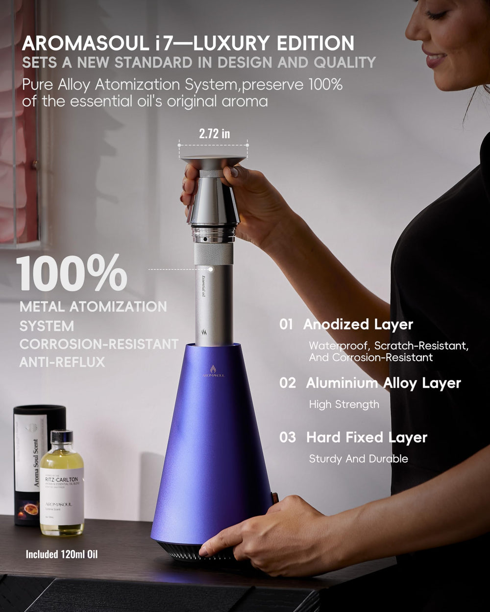 AROMASOUL rechargeable diffuser with 10000mAh battery for days of cordless use.