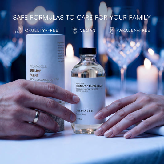 AROMASOUL Romantic Encounter diffuser in a cozy room setting, evokes romance.