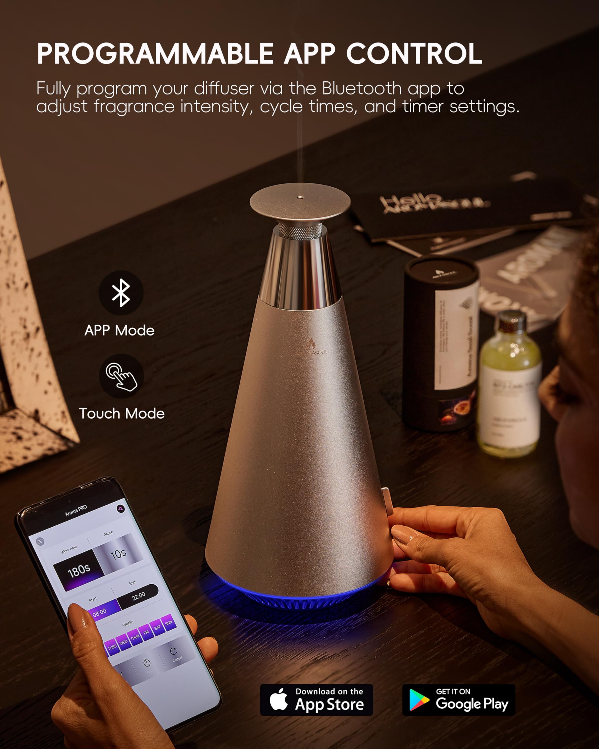 AROMASOUL smart app setup for Bluetooth control and scheduling.