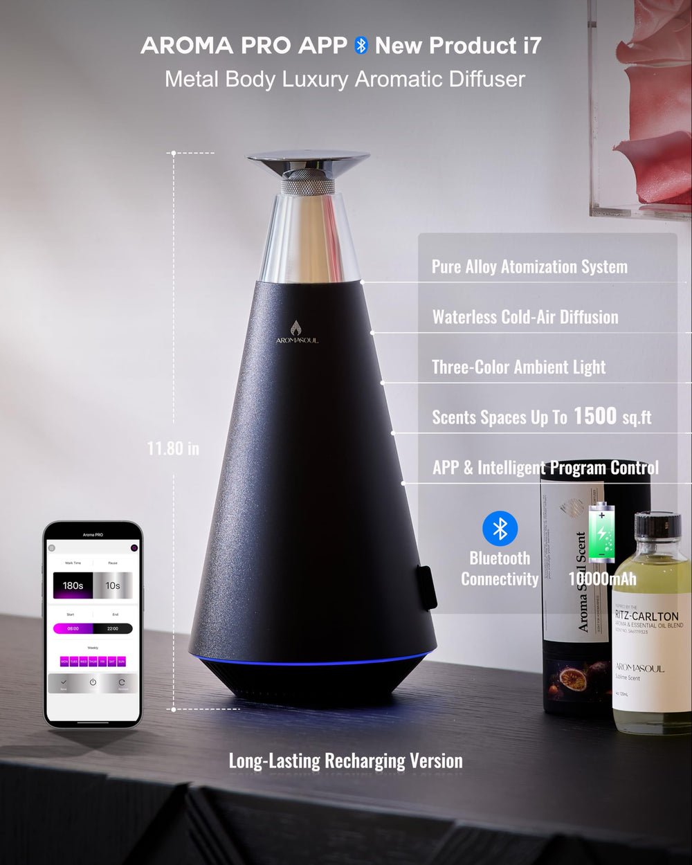 AROMASOUL waterless-diffuser-ambient-light emphasizes mood-enhancing light effects.