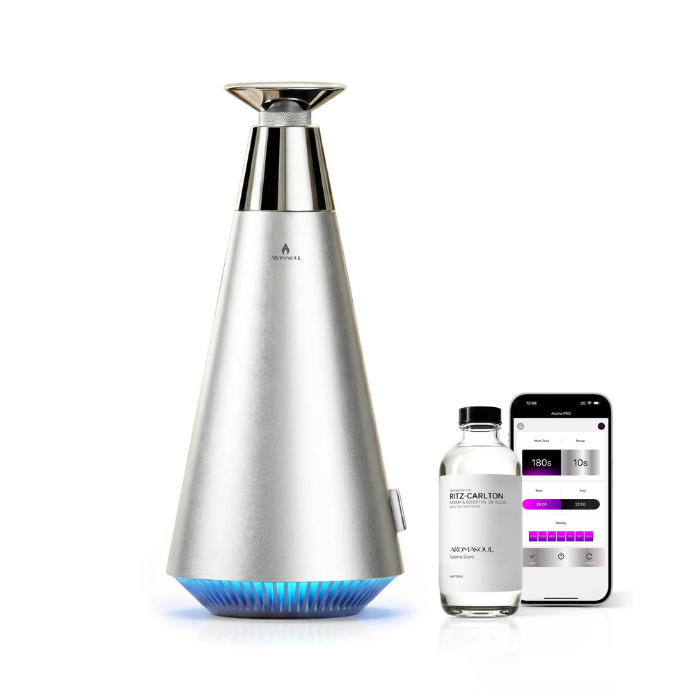 AROMASOUL waterless diffuser base with ambient lighting for a calming living space.