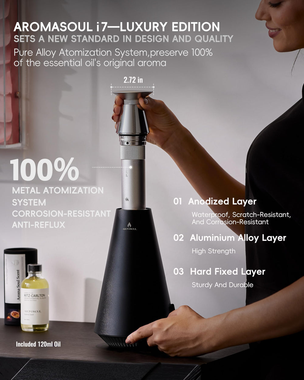 AROMASOUL waterless-diffuser-pure-fragrance diffusion with no residue on surfaces.
