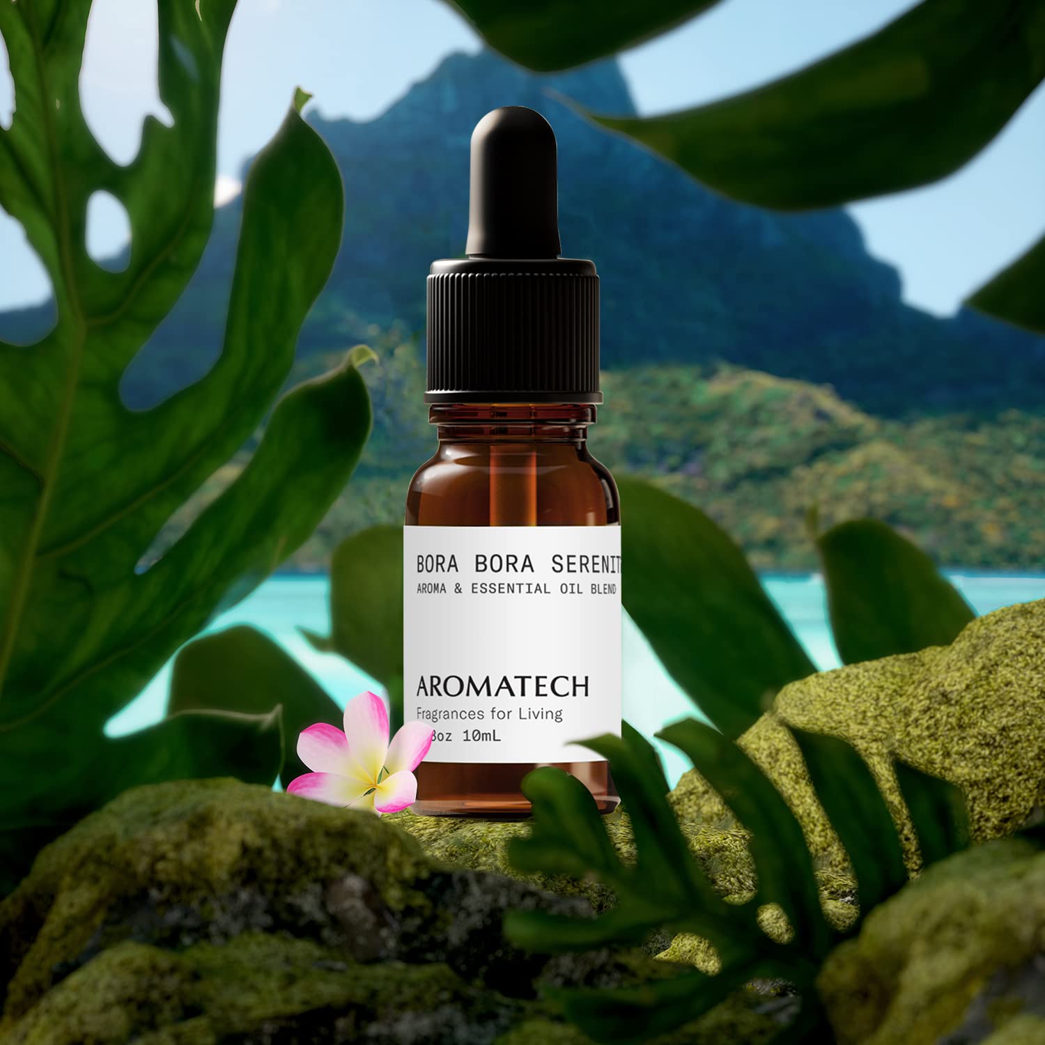 AromaTech Bora Bora Serenity packaging mockup reflecting premium USA-made aroma oils