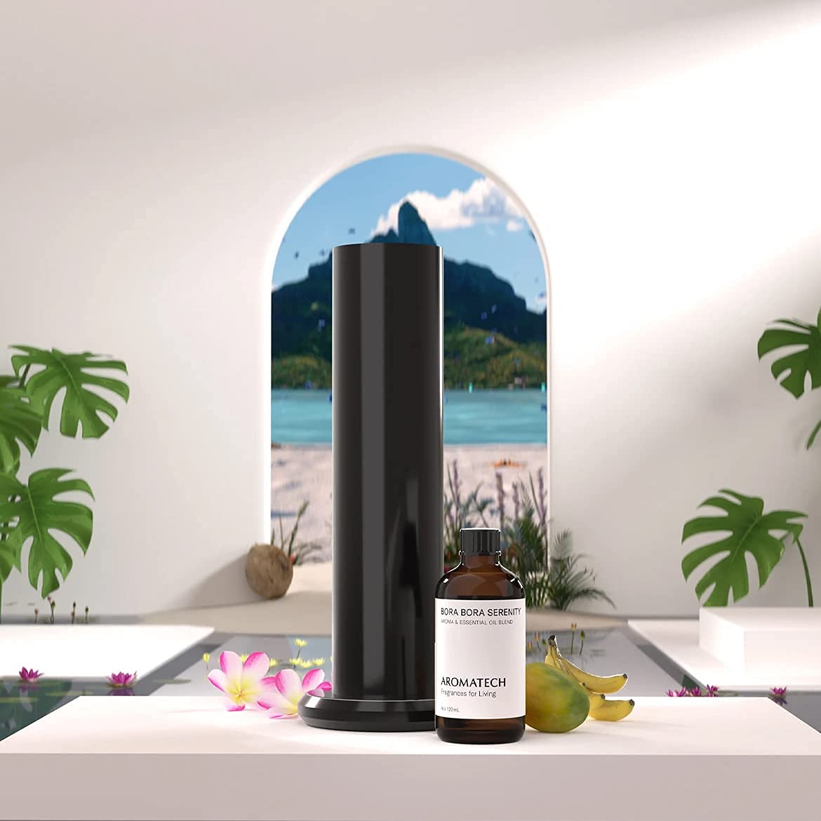 AromaTech Bora Bora Serenity product label highlighting IFRA vegan and safety features.