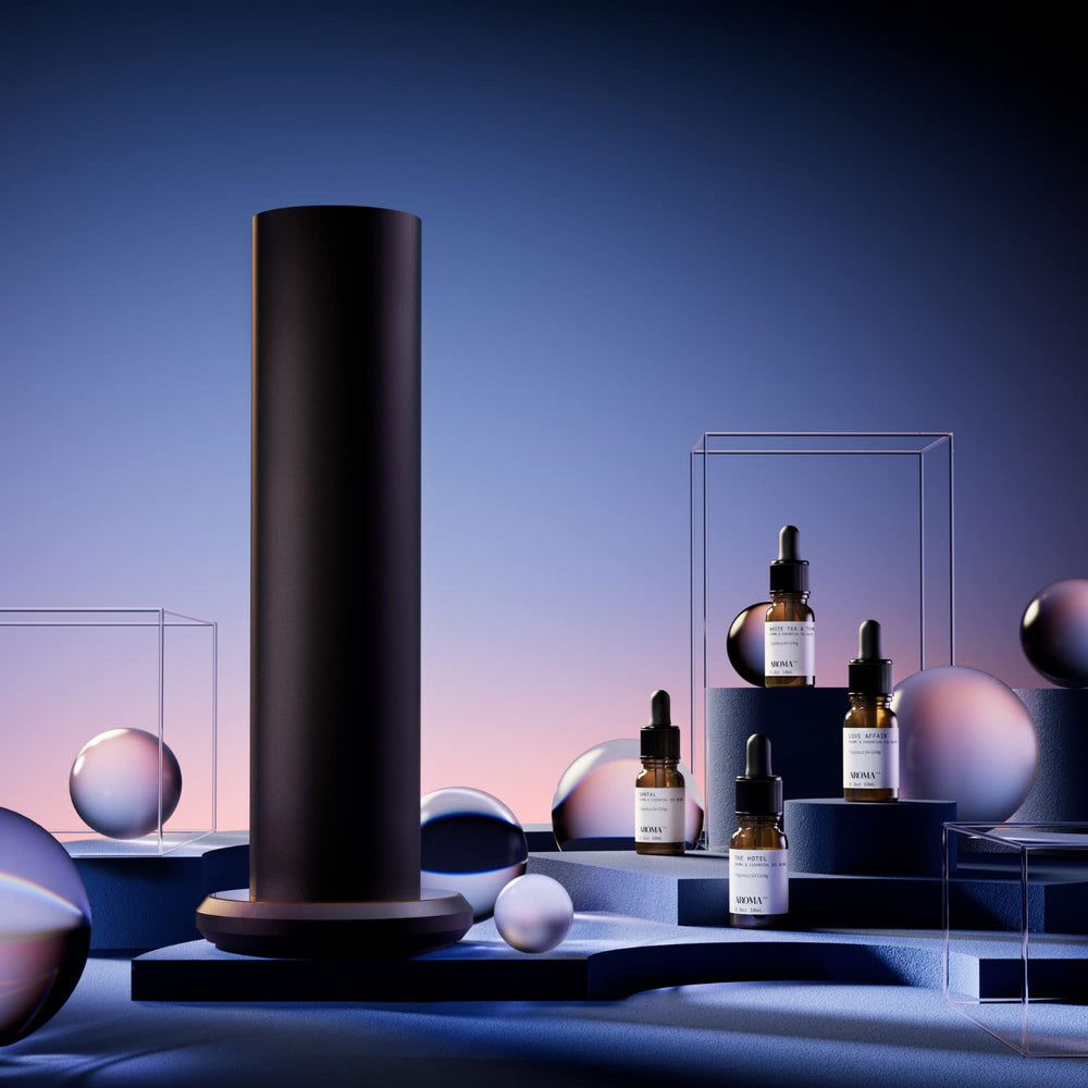 AromaTech gift set packaging detail shows four oil bottles