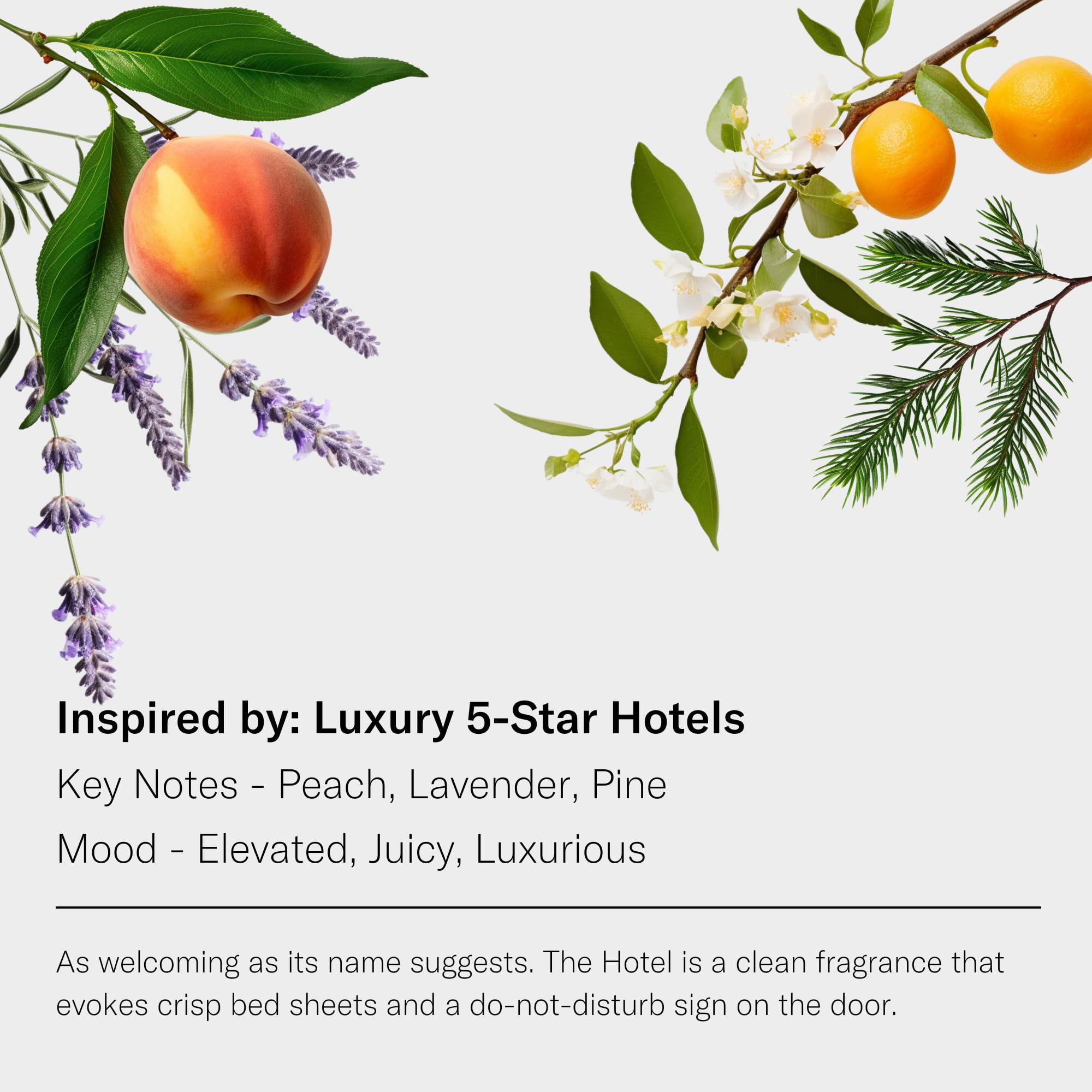 Aromatech The Hotel ingredients lavender lemon peach highlight calming, uplifting notes.