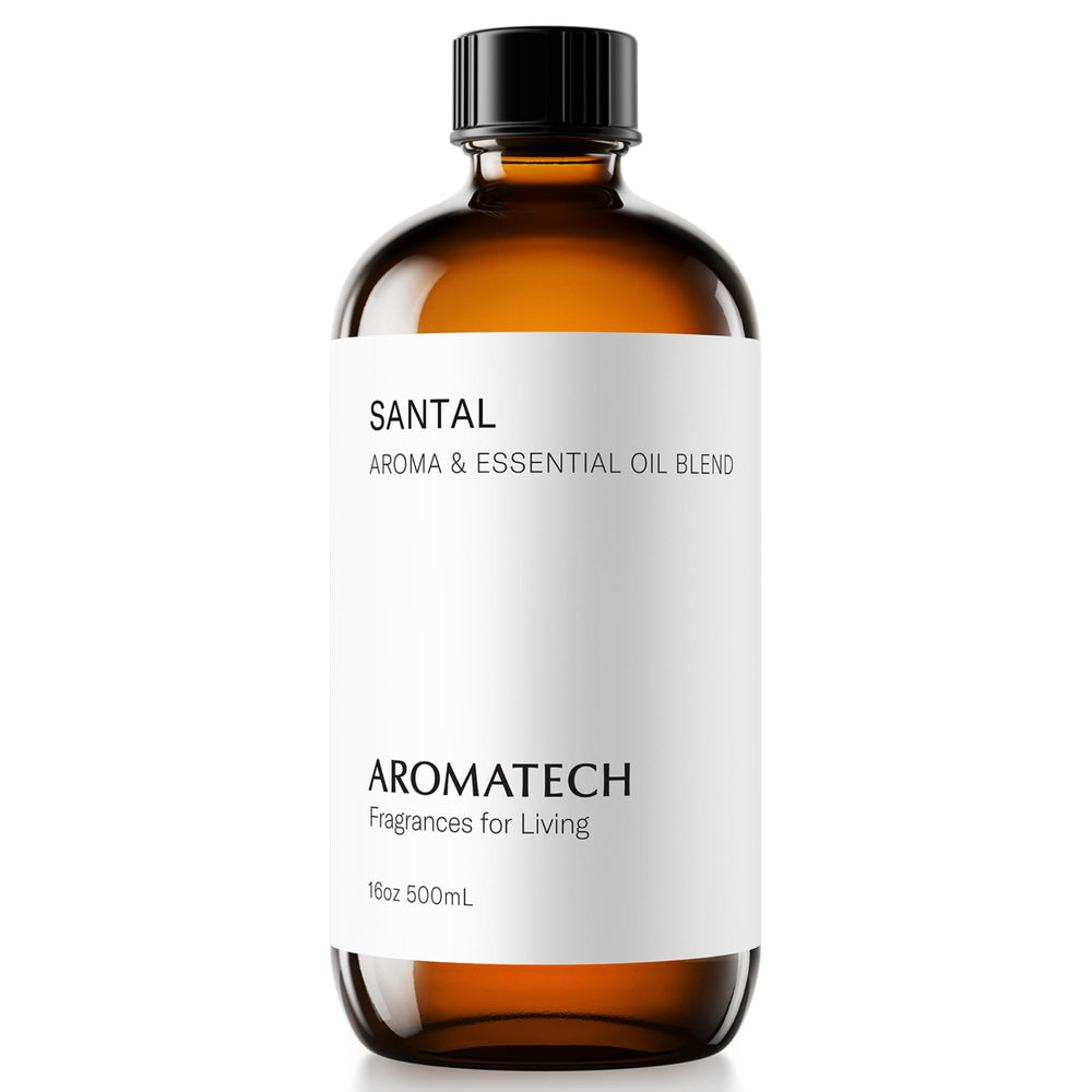 AromaTech Santal bottle pour releasing warm amber and vanilla in a cozy space.