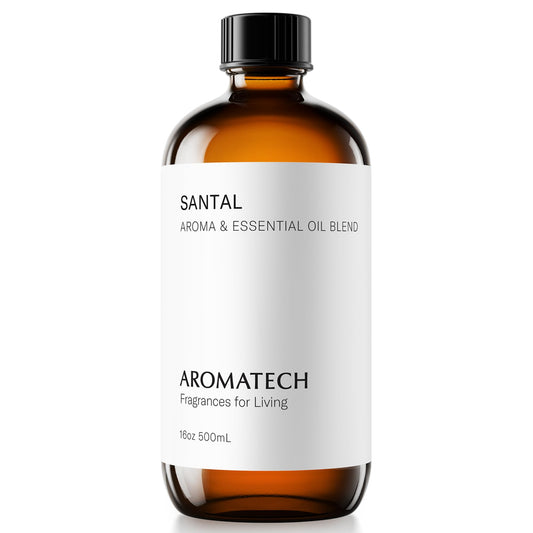 AromaTech Santal bottle pour releasing warm amber and vanilla in a cozy space.