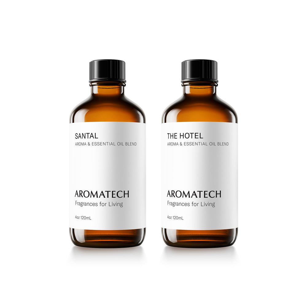 AromaTech Santal & Papyrus bottle showing warm, inviting fragrance for living spaces.