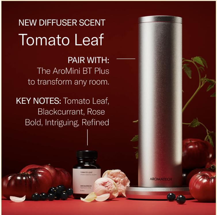 AromaTech Tomato Leaf essential oil bottle label closeup highlighting premium ingredients
